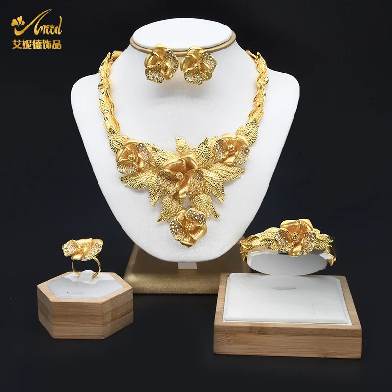 ANIID African Jewelery Sets Flower Earrings Choker Necklace Bracelet Hawaiian Indian Dubai Golden Jewelry For Women Accessories 251016