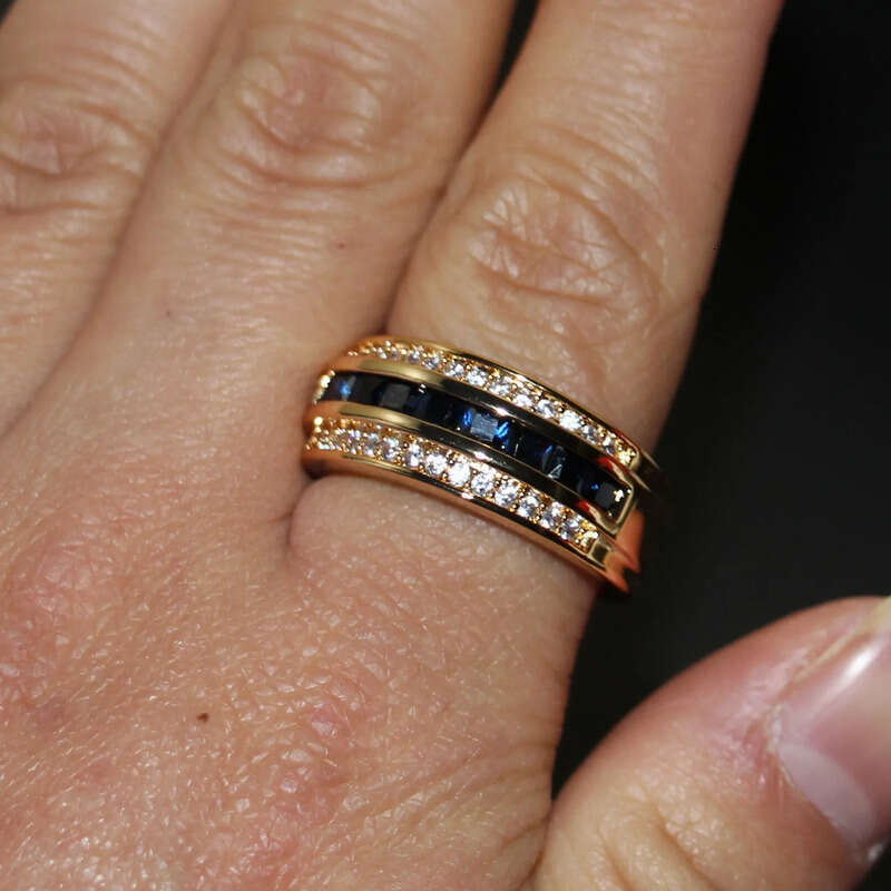 New Arrival Fashion Jewelry Handmade 10KT Yellow Gold Filled Princess Cut Blue Sapphire Party CZ Dia Men Wedding Band Finger Ring