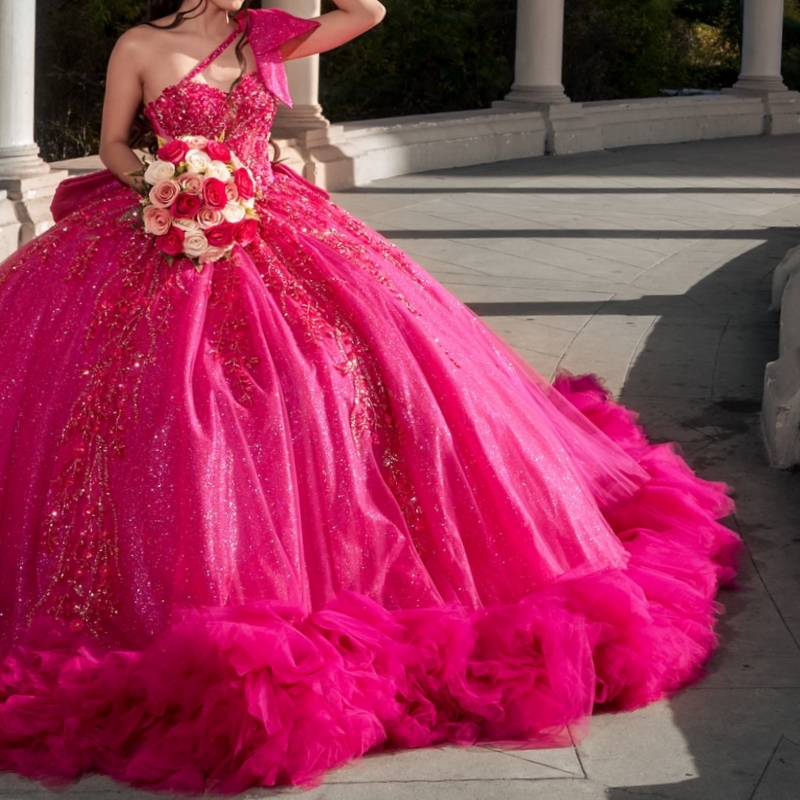 Rose Red Shiny Quinceanera Dresses Off The Shoulder Beading Crystal Bow Tiered Tull Party Birthday Sweet 16 Dres Vestidos 15 De Anos