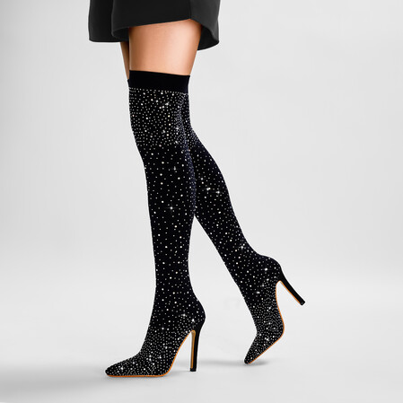 Crystal-Embellished Fishnet Over Knee Boots 11cm Stiletto Heel Stretch Fit Evening Glamour Boots Black