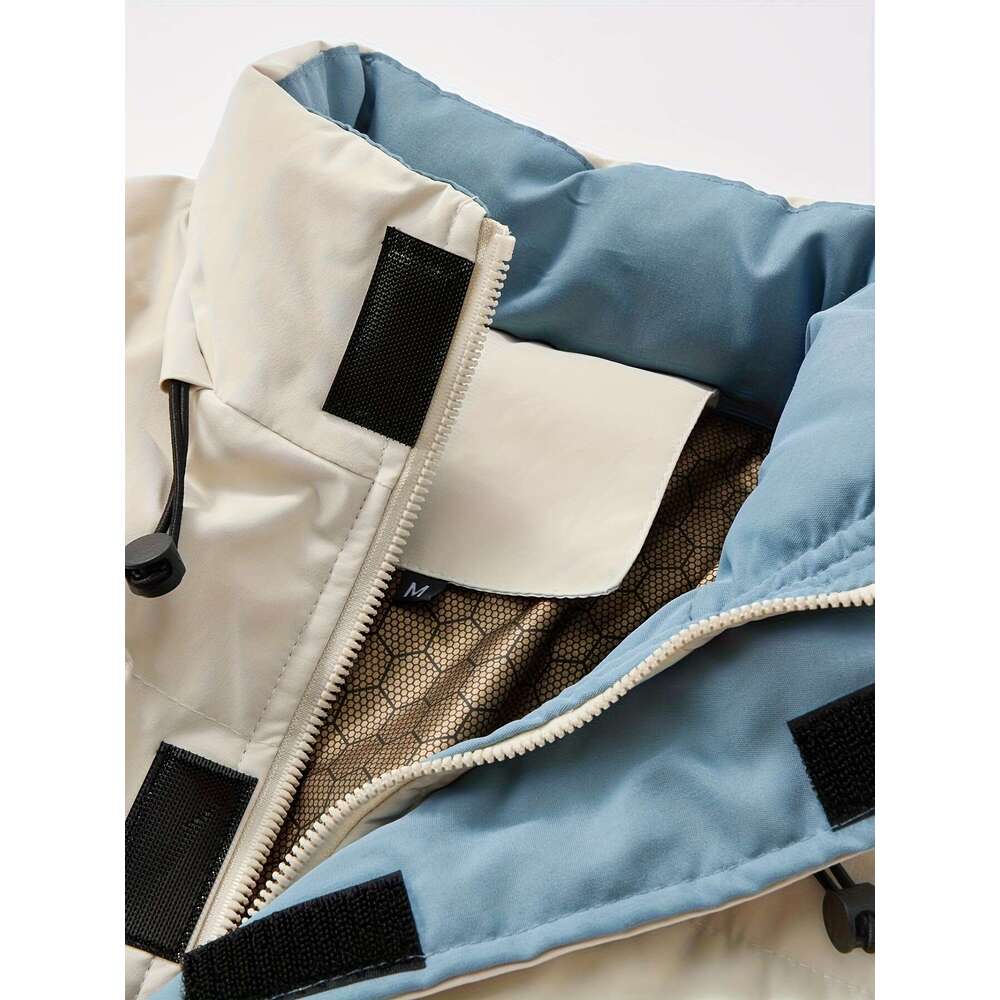 Men's Windproof With Graphene Lining Stand Collar Thick Full-Zip Front, Loose Fit For Skiing, Snowboarding & Ctivities - White/Turquoise Blue -Fi