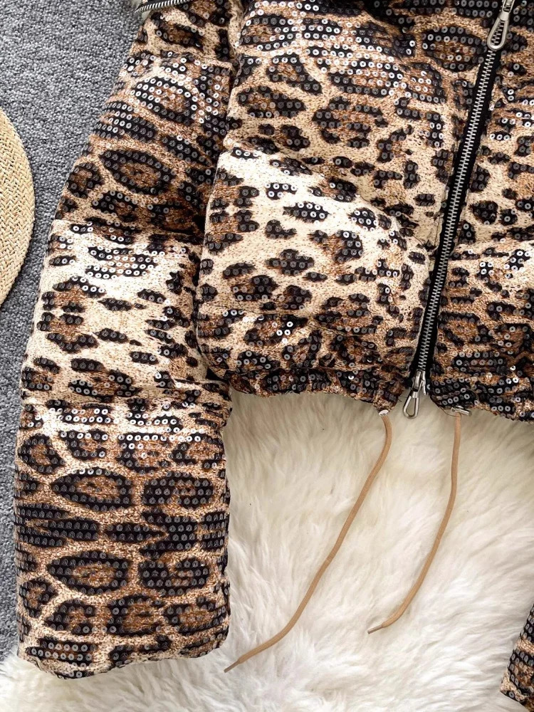 Fashion Y2k Leopard Print Down Cotton Jacket Winter HighQuality Plush Large Collar Splicing Drawstring Sequin Thick Coat Women 251017