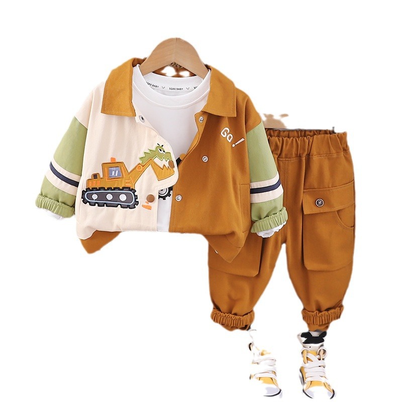 Boys' autumn fashion cartoon excavator three piece set, baby's autumn handsome baby clothes trendy children's fashion free shipping