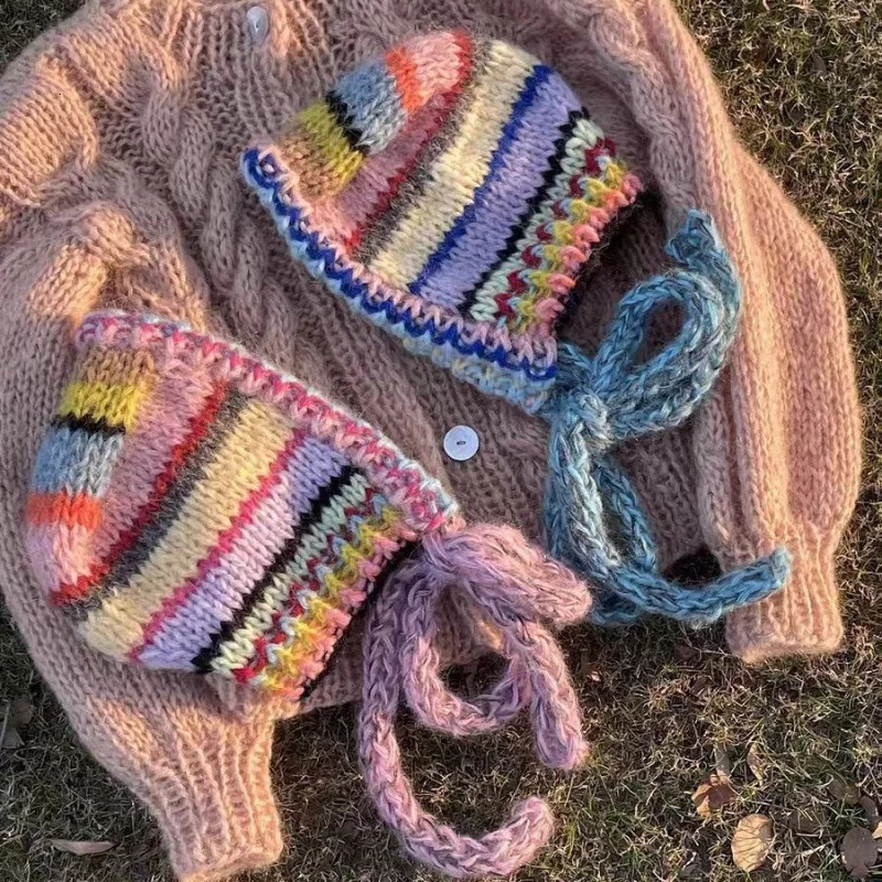 Color Striped Ear Protector Balaclava Hat Winter Hand Crocheted Contrast Color Neck Tie Pullover Beanies Cap for Women 251014