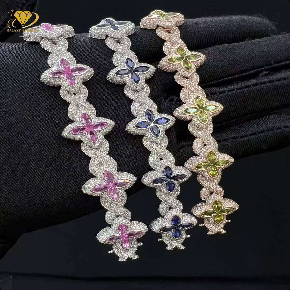 New Style Fancy Color Moissanite Cuban Chain Pure Sier Four-Leaf Clover Infinity Bracelet Men's Jewelry
