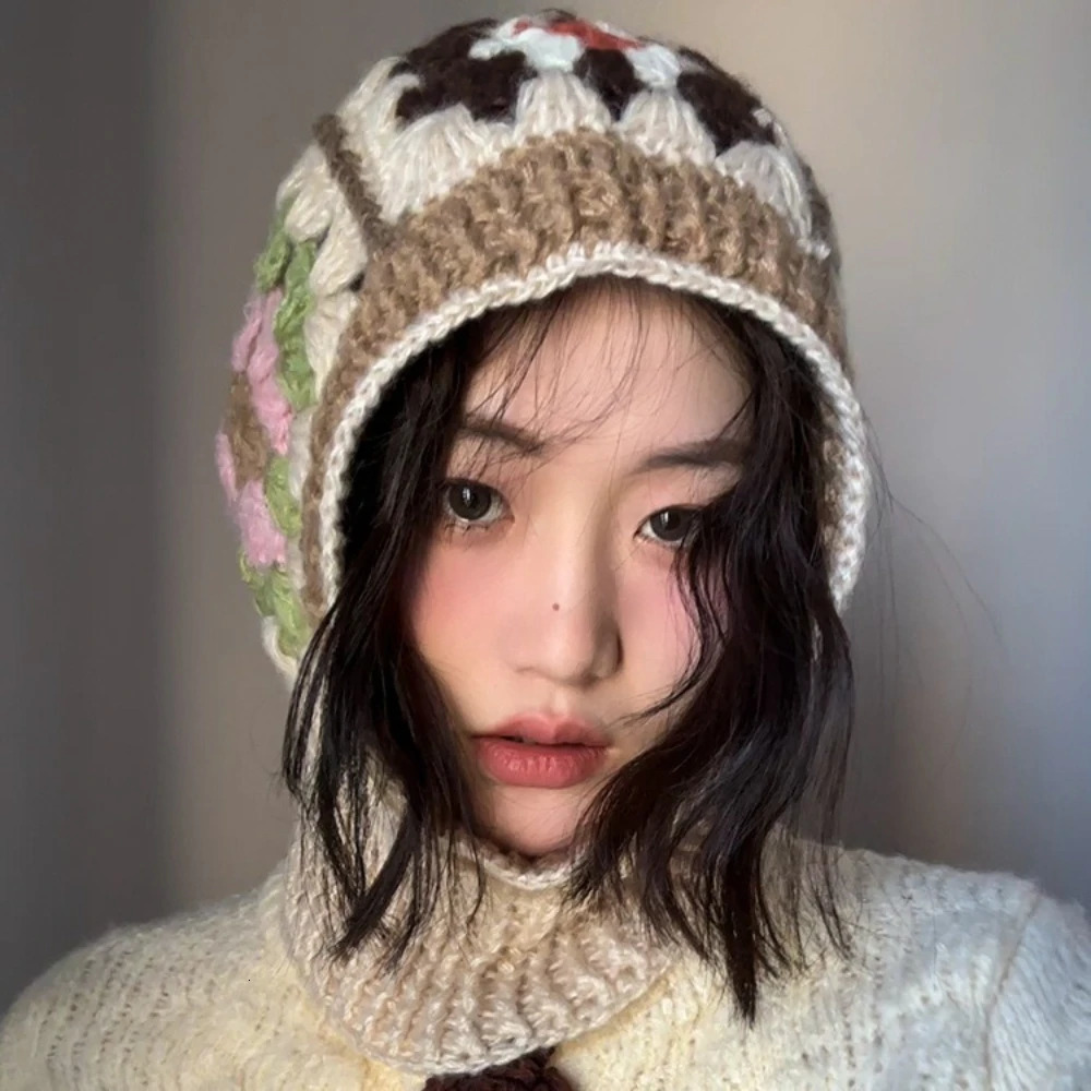 Handmade balaclava hat womens winter Korean version warm knitted yarn hat niche protective neck pullover hat 251014