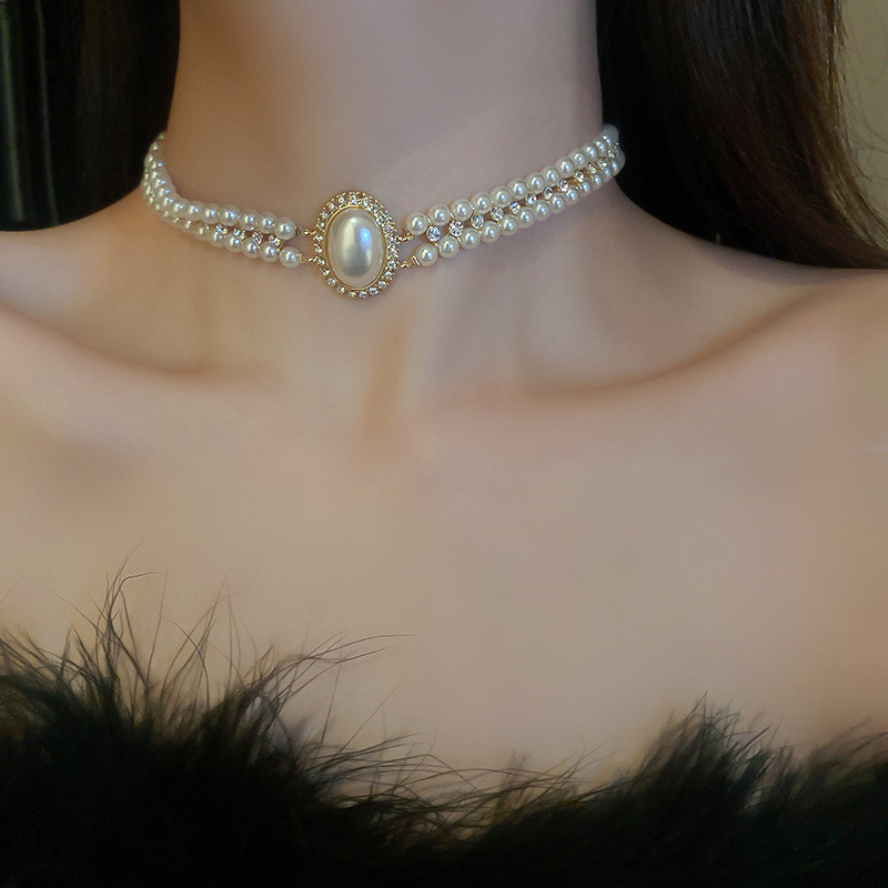 Baroque Oval Pearl Inlaid Dia Double Layer Fashionable Elegant Choker Forest Style Exaggerated Versatile Women's Necklace