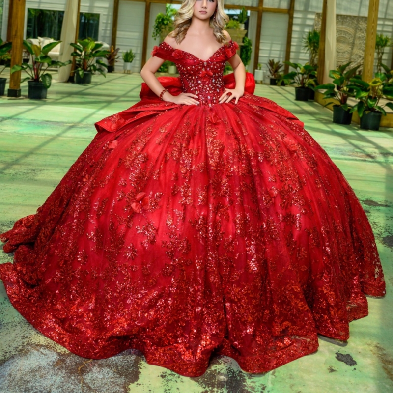 Red Shiny Quinceanera Dresses Off The Shoulder Sequin Applique Lace Beading Crystal Bow Tull Party Birthday Sweet 16 Dres Vestidos 15 De Anos