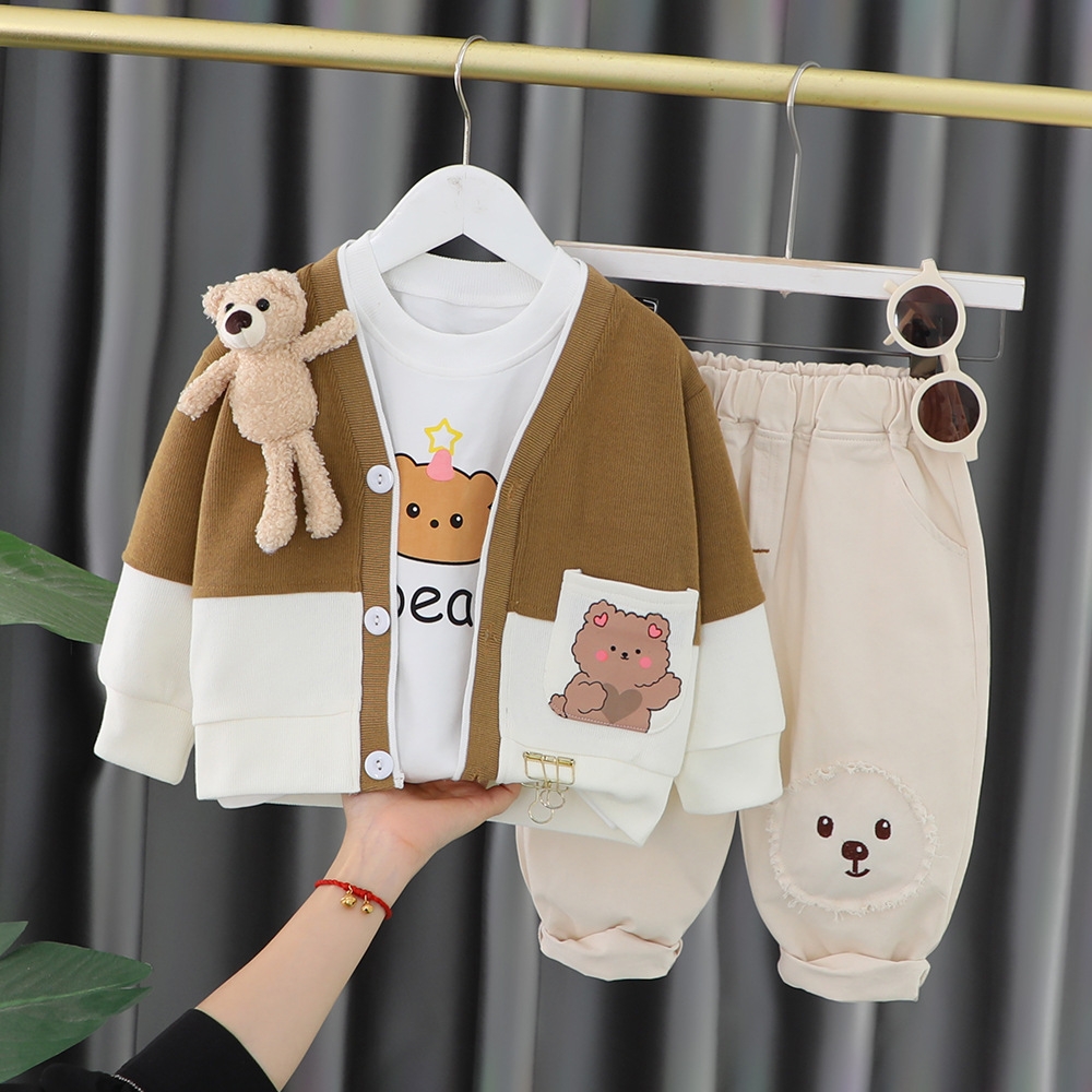 Baby cardigan three piece set for spring and autumn, 2025 new trendy children's clothing for boys and girls, spring set, college style, free ship