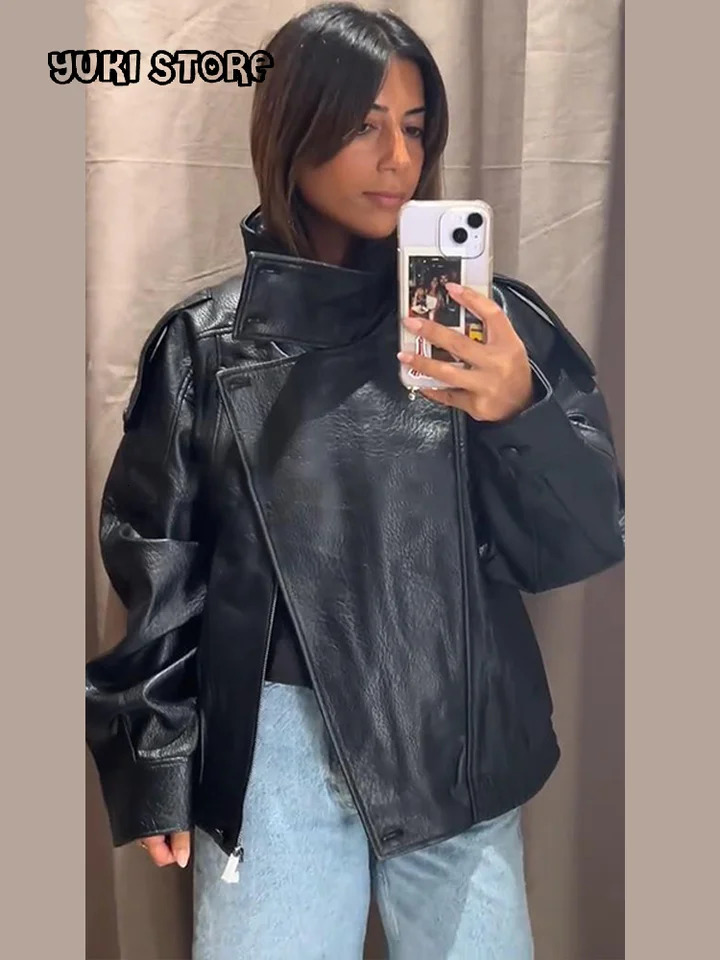 Black Stand Collar Womens Leather Jacket Loose Long Sleeve Zipper Pockets Motorcycle PU Coats 2025 Autumn Lady Outerwear 251016