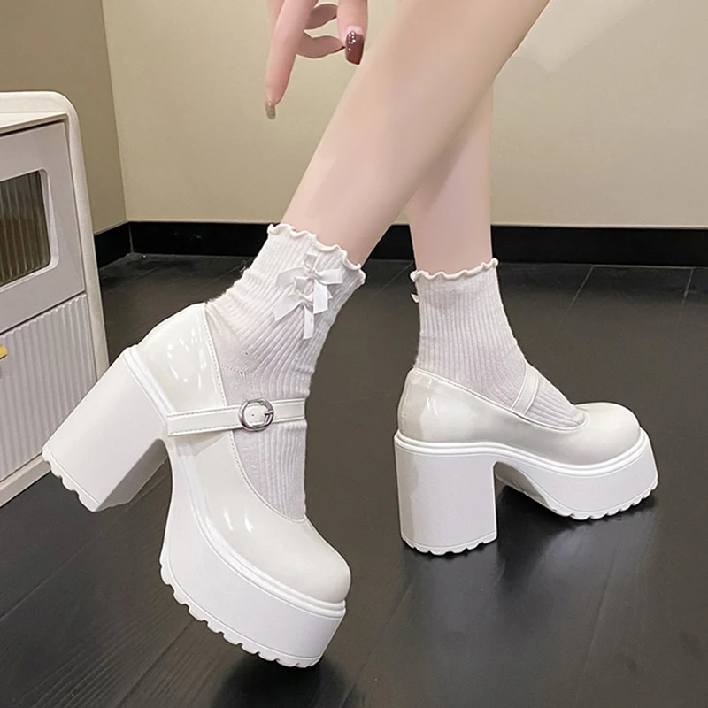 Chunky Platform High Heels Pumps Women Autumn Pu Leather Ankle Buckle Mary Jane Shoes Woman Thick Heeled White Lolita Shoes 251010