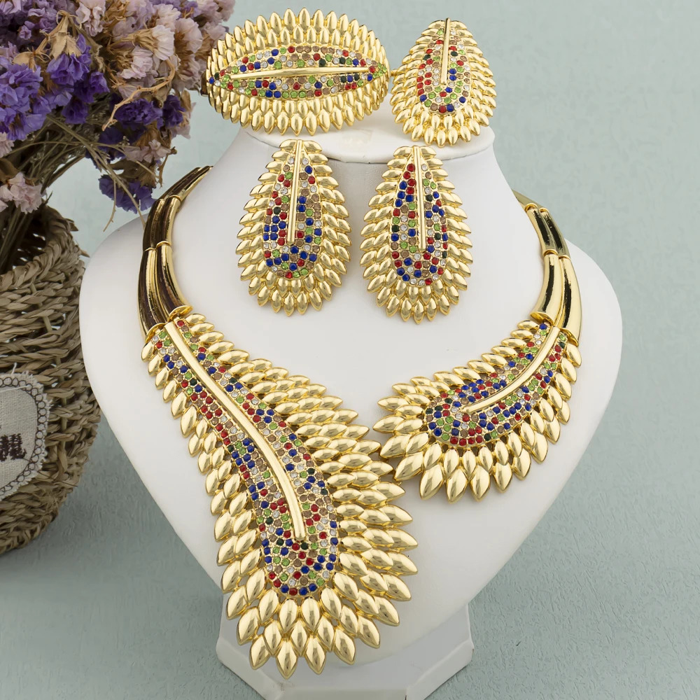Trendy Colorful Jewelry Set for Women Zircon Collor Earrings and Necklace Large Gold Plated Bracelet Ring Style Jewelry Gift 251016