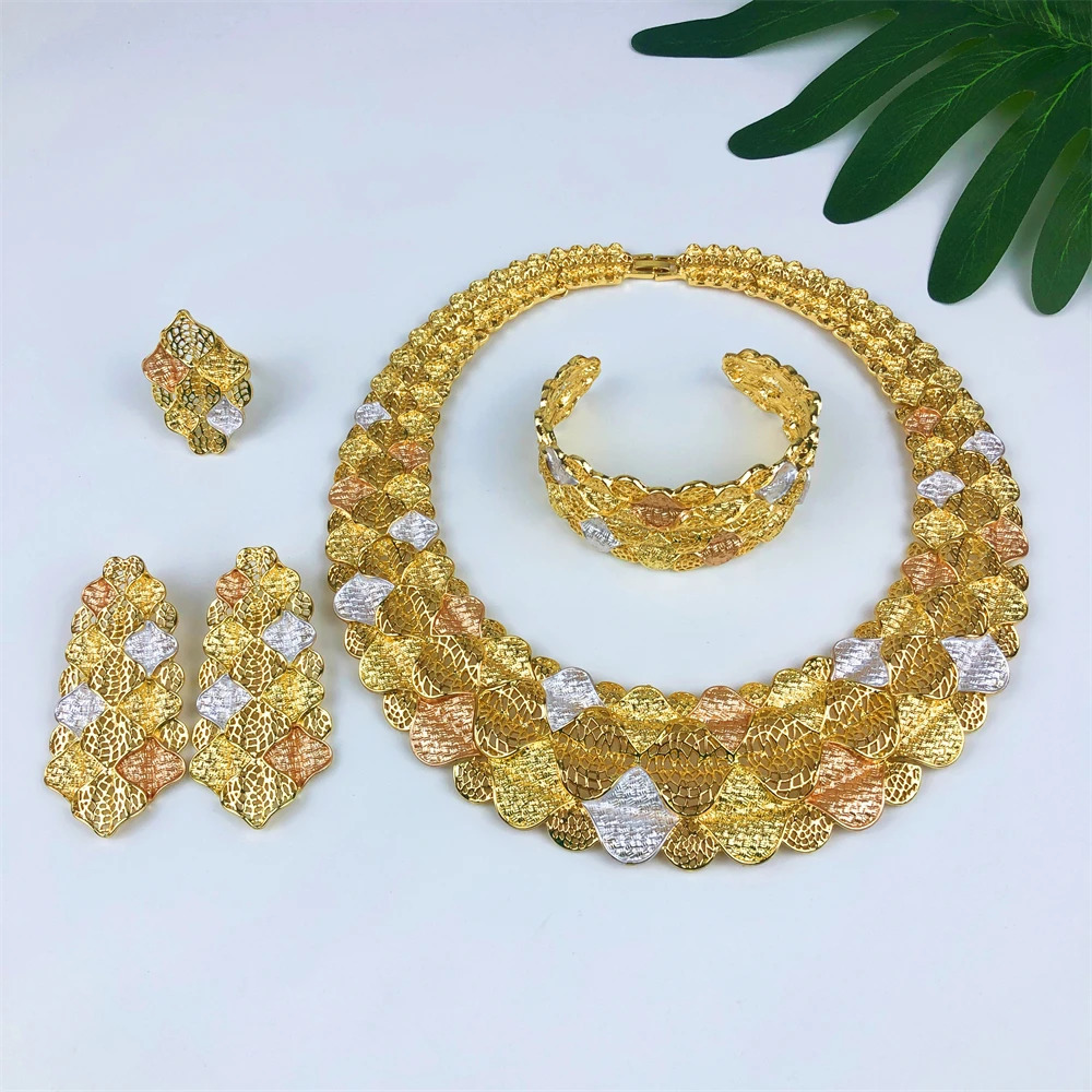 ESALE Italian Ladies Fine Jewelry Sets Gold Color Women Necklace Earrings African Big Jewelry Wedding Party Gift 251016