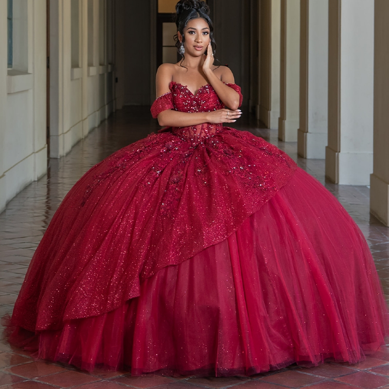 Red Shiny Quinceanera Dresses Off The Shoulder Applique Lace Beading Crystal Bow Tull Corset Party Birthday Sweet 16 Dres Vestidos 15 De Anos