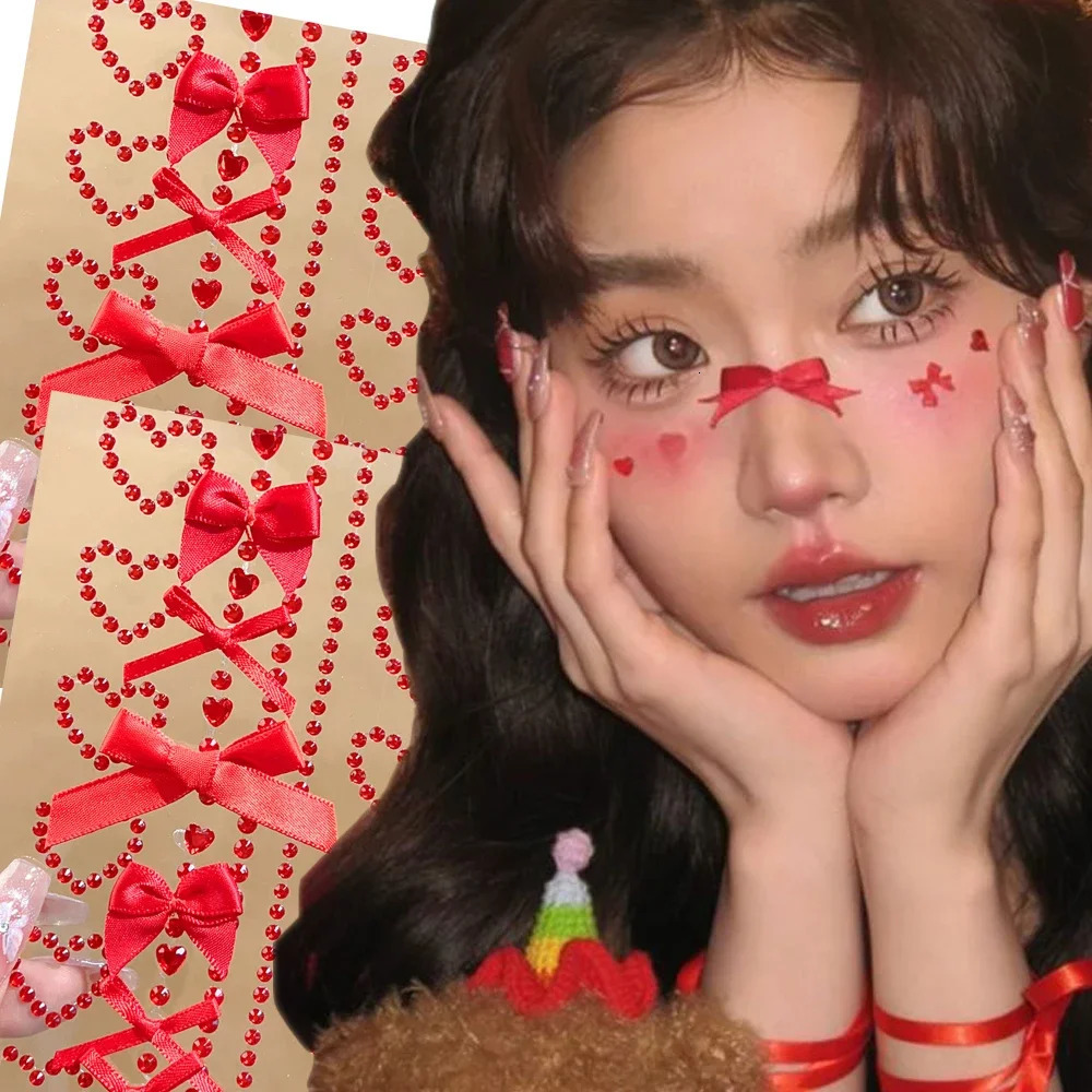 Fashion Face Stickers Rhinestone Ribbon Bow DIY Eyes Face Makeup Sticker Easy To Wear Bows Temporary Tattoo Stickers Makeup Tool 251015