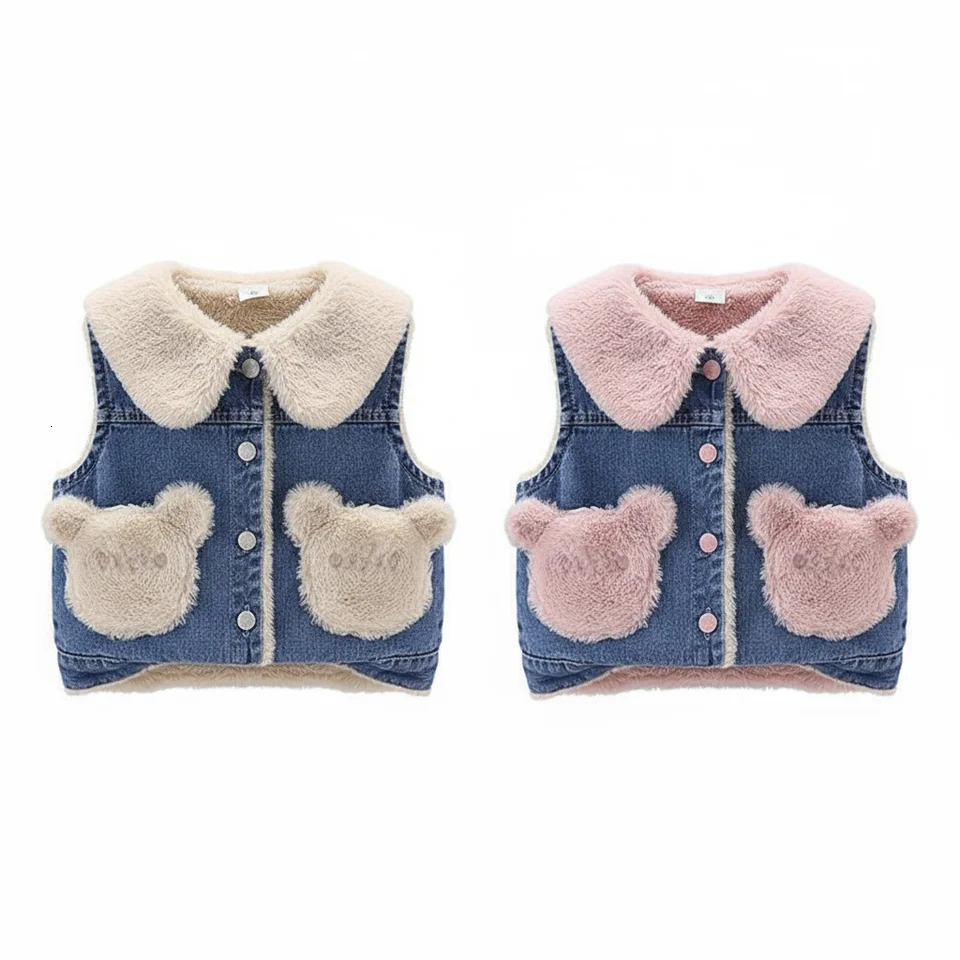 Autumn Winter Girl Boy Vest Fur Denim Jacket Baby Toddler Girls Clothes Fleece Coat Sleeveless Waistcoat Children Snow Outfit 251015