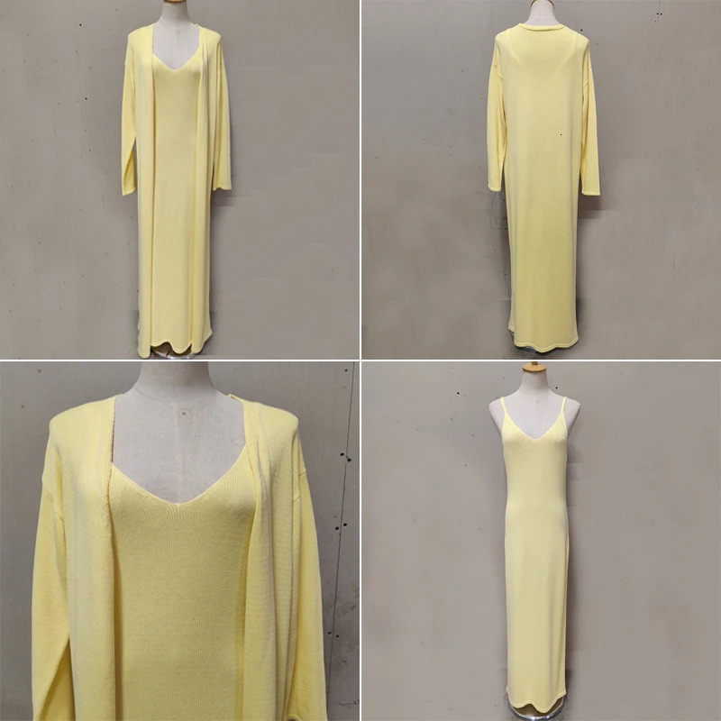 Tuularose Women Long Dress 2 Piece Solid Knitted Spaghetti Strap Dress Long Sleeve Cardigan Set Casual Fashion Female Dress Set 251014