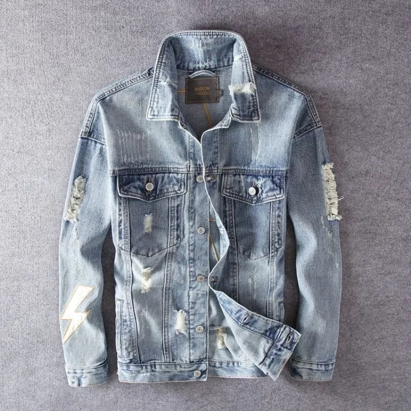 mens denim jacket embroidered print fashion retro ripped street jacket men 251014