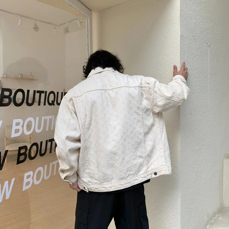 European Autumn Winter Ivory White Denim Coats For Men Jacquard Pattern Ripped Washed Male Oversized Jeans Jackets 251014