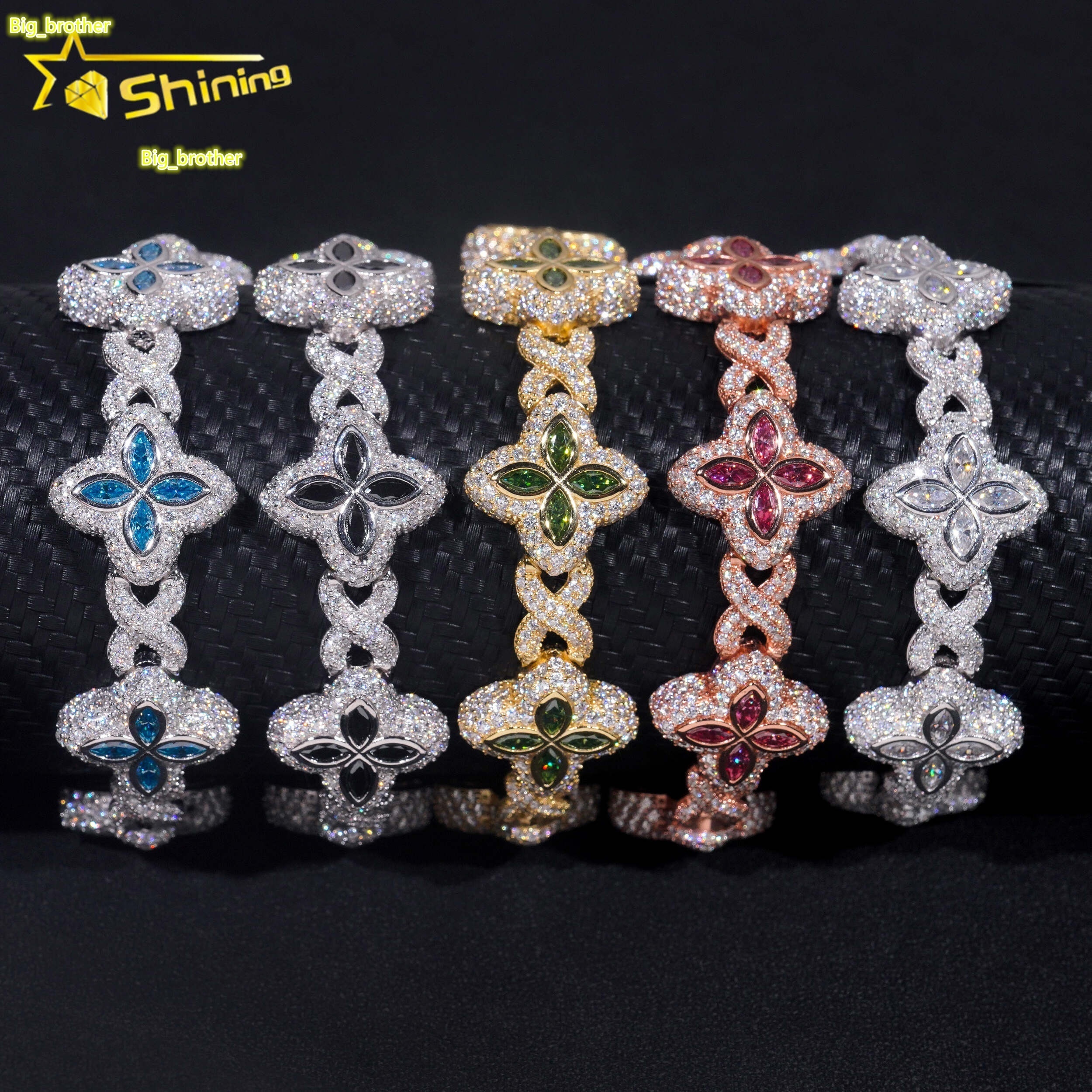 New Stocks Pass Diamond Tester Silver 925 Gold Plated Hip Hop Jewelry Custom Colored Moissanite Clover Cuban Bracelet