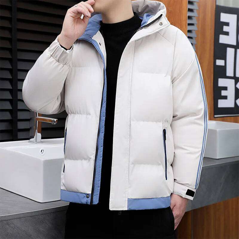 Winter Men's Down Cotton Handsome Thickened Casual Windproof Hooded Padded Coat Color Matching Cold Proof Wadded Jacket