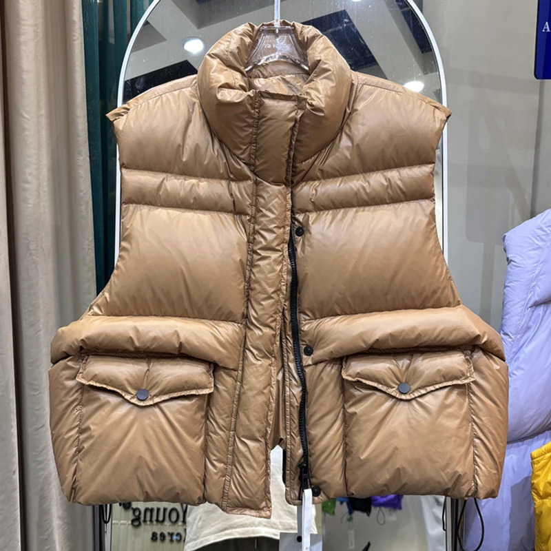 Autumn Winter Solid Stand Collar Down Vest Women 90 White Duck Down Zipper Pocket Vest Female Quilted Sleeveless Waistcoat Coat 251016