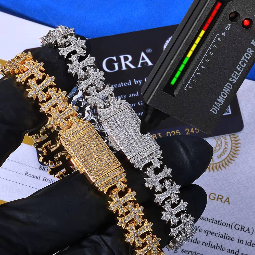 Eskeem Luxury Cross Cuban Chain Bracelet 8511MM Size 925 Silver VVS Moissanite Hip Hop Fine Jewelry