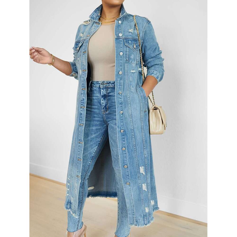 VOCKOO Women's Casual Faux Denim Trench Coat, Sleeve, Solid Color, Non-Stretch, Long Length, With Washed Detail, For Fall/Winter Collection