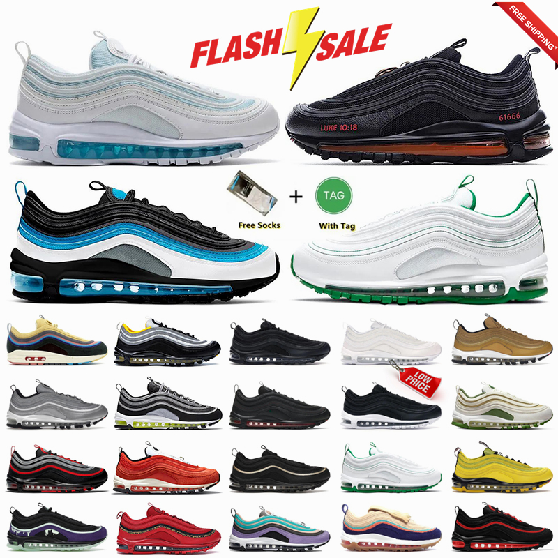 Designer 97 97s Sports Shoes Trainers Jesus Satan Futura Triple silver Cream Olive Volt Crucifix green Bred Sail Aurora Gym Mens Women Running Sneakers