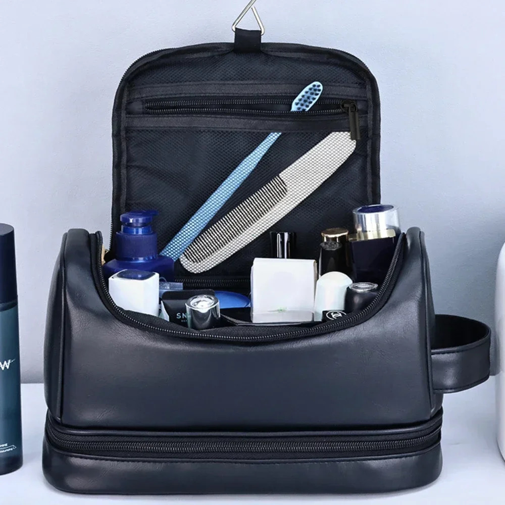 Large Hanging Toiletry Cosmetic Travel Bags for Men Women Leather Travel Bags with Hanging Hook Toiletries Bathroom Shaving Bags 251011