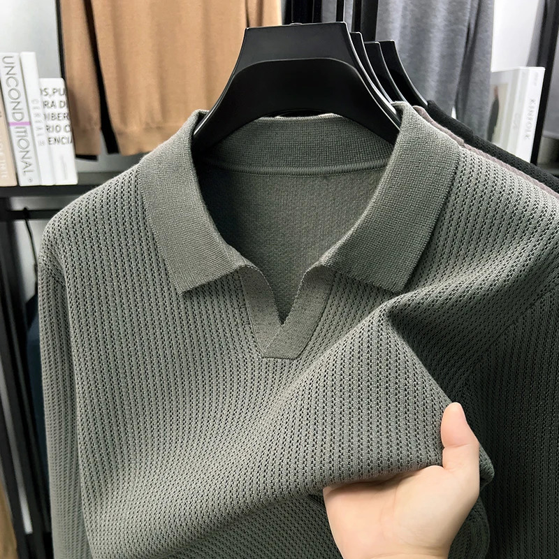 Advanced trend mens lapel sweater soft comfort knitted skin friendly warm solid color autumn winter casual pullover 251015