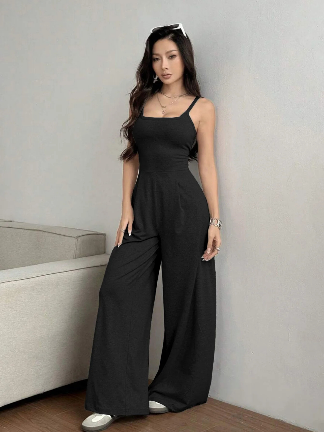 Womens Fashionable Casual Knitted OnePiece Romper WaistCinching BackExposing Elegant WideLeg Pants Sporty Casual Jumpsuit 251016