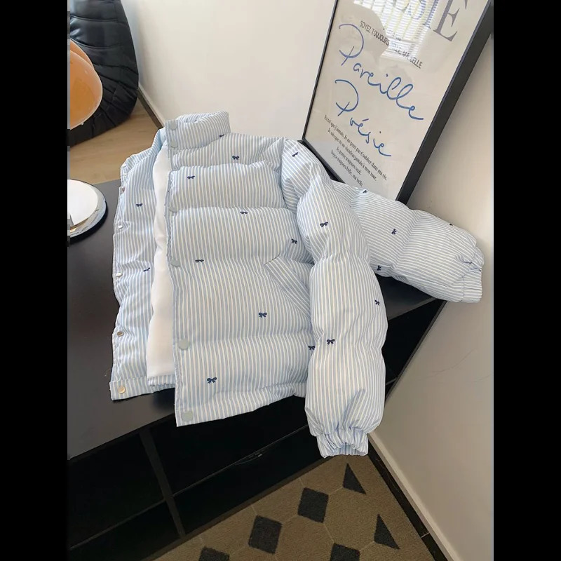 Short Bow Womens Jacket Blue Stripes Unique Bread Jacket with Cotton Jacket 251009