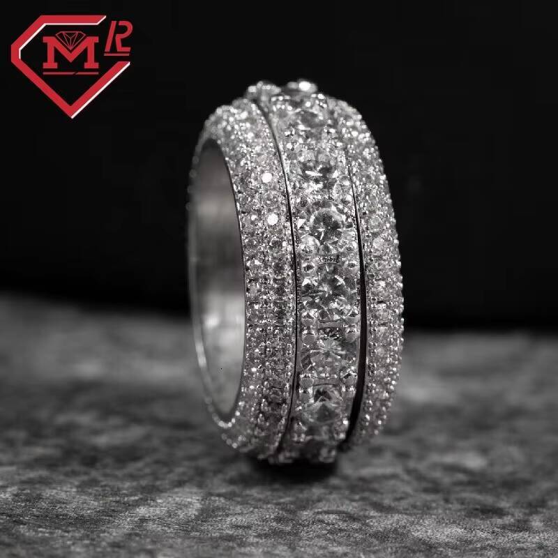 Hot Sale Iced Out Band Ring for Rappers Sterling Silver Hip Hop Moissanite Eternity Rings for Men