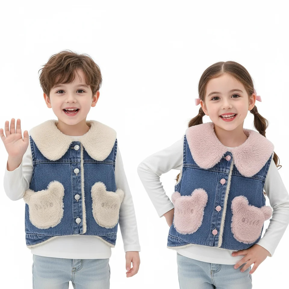 Autumn Winter Girl Boy Vest Fur Denim Jacket Baby Toddler Girls Clothes Fleece Coat Sleeveless Waistcoat Children Snow Outfit 251015