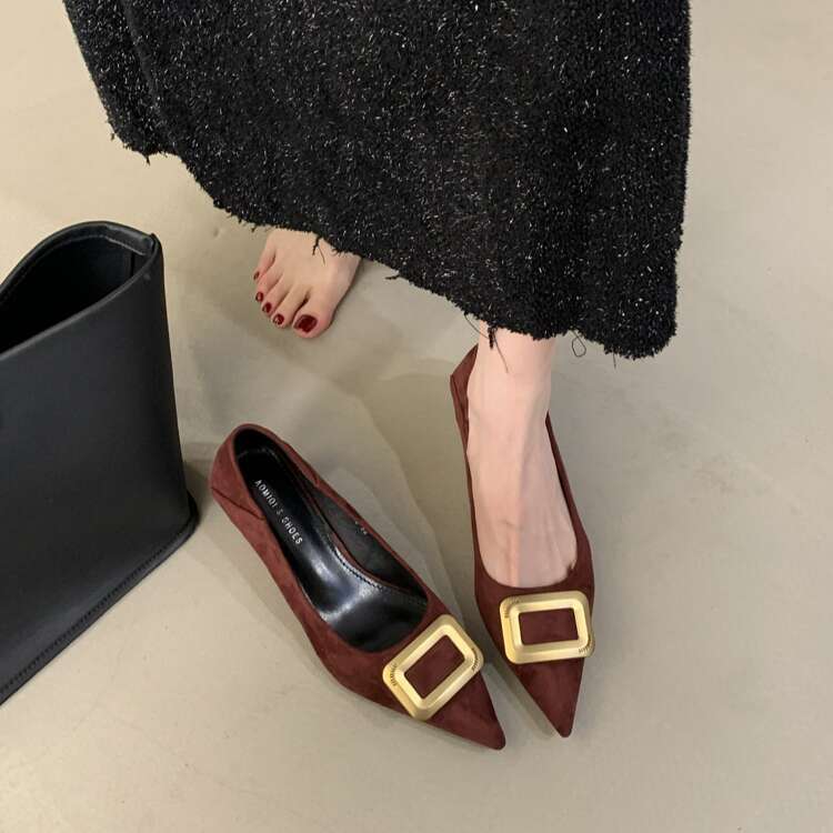 Pointed Toe Suede Elegant Designer Shoe Single Shoes for Women Slimming, Metal Buckle Shallow Mouth Kitten Heels