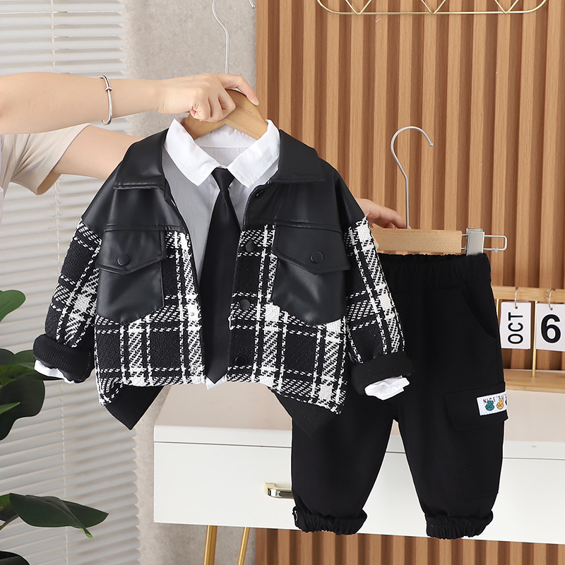 Boys' Autumn Clothing Set 2025 New Baby Korean Edition Clothes Boys' Spring and Autumn Tie Splicing Three Piece Set free shipping designer