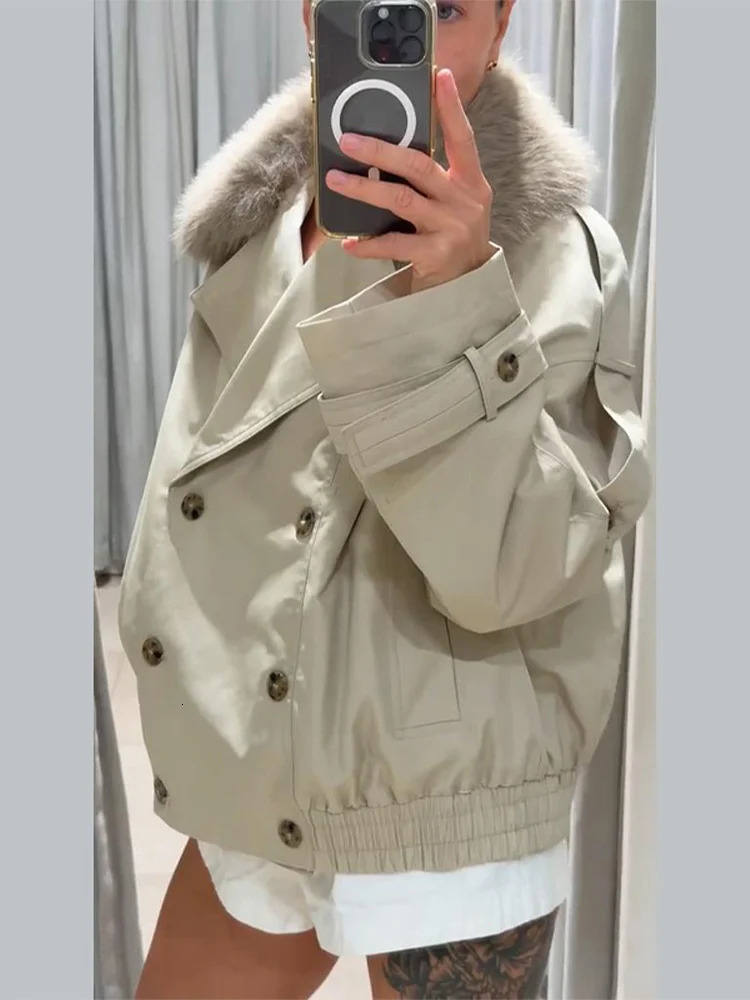 Long Sleeve Jacket Women Cropped Trench Coat Lapel Double Breasted Pocket Jackets 2025 Autumn Female Retro Streetwear 251010