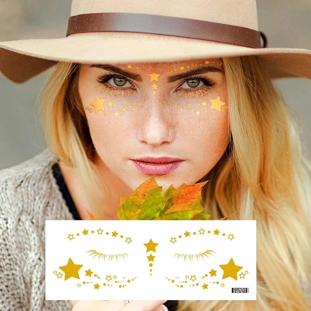 5 Sheets Golden Foil Star Freckle Temporary Tattoos Waterproof Face Eye Stickers for a Glamorous Look Makeup Party Fake Tattoos 251015