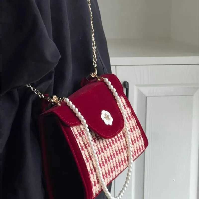 JIAERDI Vintage Red Velvet Handbag Purse Women Wedding Pearl Handle Square Messenger Bag Female Casual Crossbody Bags 2025 New Z251018