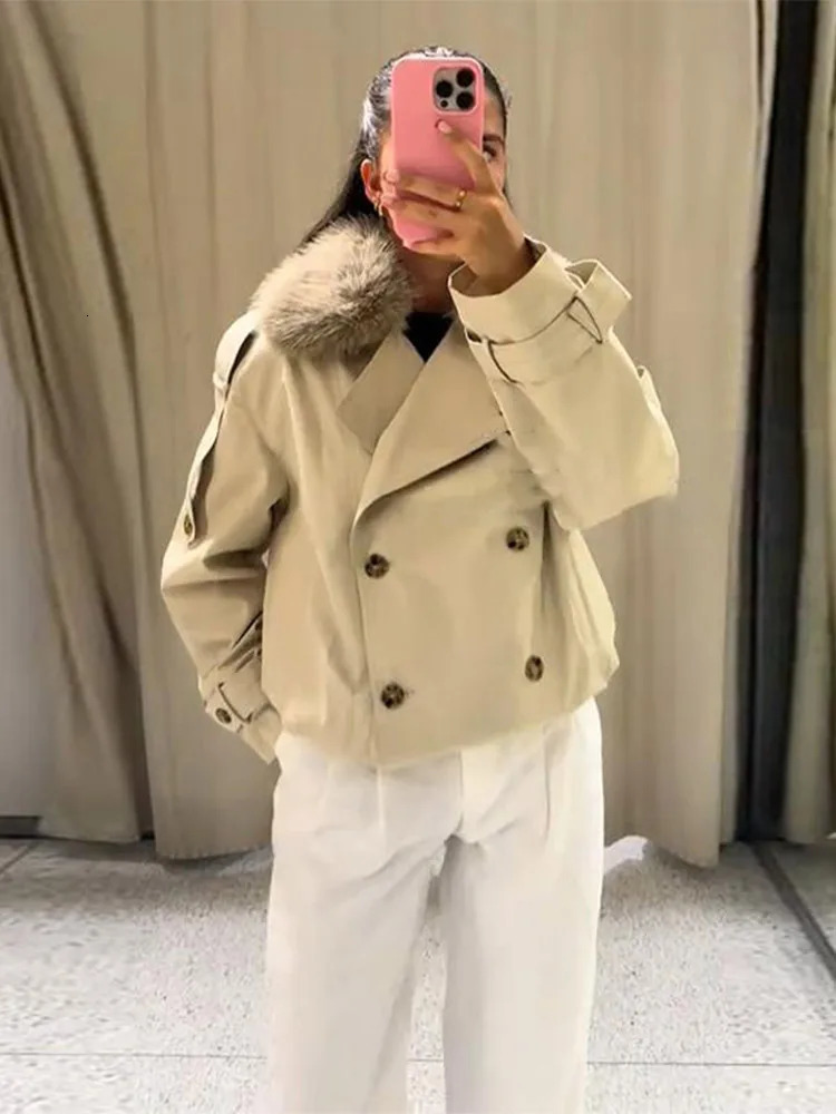 Long Sleeve Jacket Women Cropped Trench Coat Lapel Double Breasted Pocket Jackets 2025 Autumn Female Retro Streetwear 251010