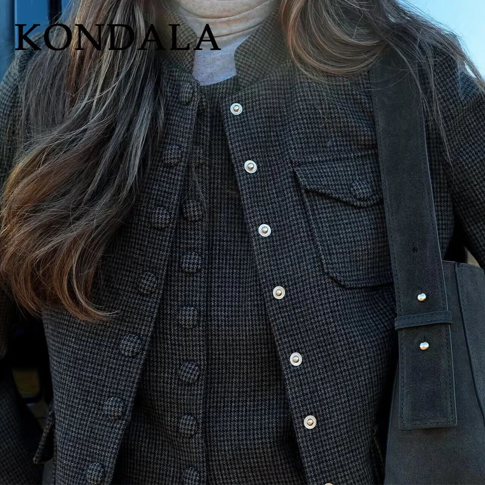 KONDALA Fall Winter Plaid Womens Vintage Jackets Fashion Country Brown Single Breasted Pockets Chic Ladies Elegant Jackets 251009