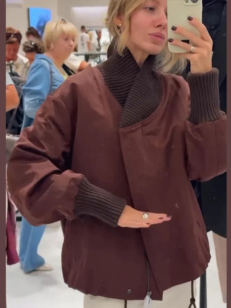 Casual Patchwork Lapel Coats Women Loose Zipper Pockets Full Sleeve Drawstring Short Jacket 2025 Autumn Lady Commute Outerwear 251010