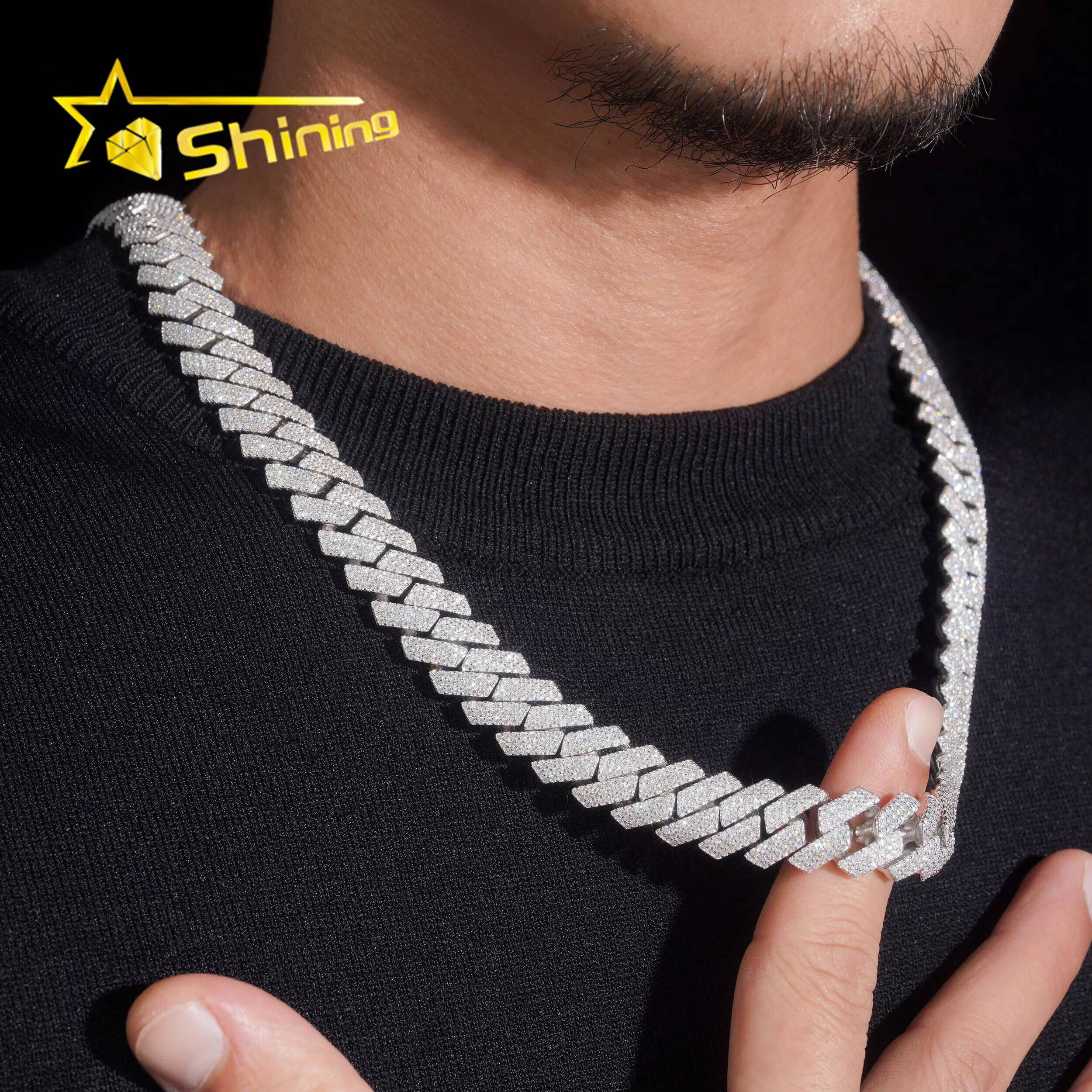 Promotion Hot Selling Hip Hop Jewelry 15mm Solid 925 Silver Bent Box Clasp Men Necklace Iced Out VVS Moissanite Cuban Link Chain