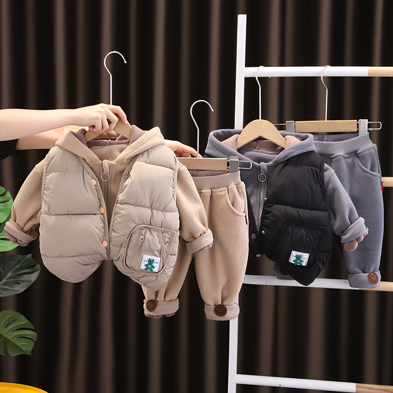 New Winter Clothing Set for Children: Cotton Jacket, Vest, Velvet, Thickened, Boys' and Girls' Winter 3-Piece Set, Baby Hoodie