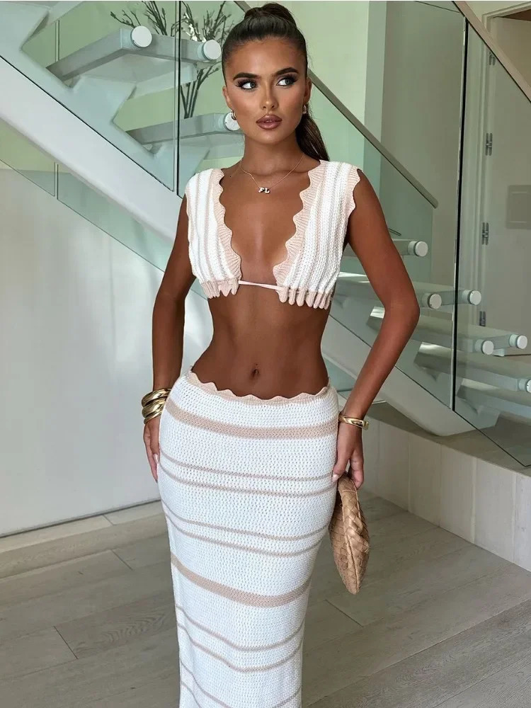 Tossy Knit Striped 2 PieceSet Long Skirt Female Ruffled VNeck Casual Beach Holiday Contrast Outfits Knitwear Maxi Skirt Sets 251014