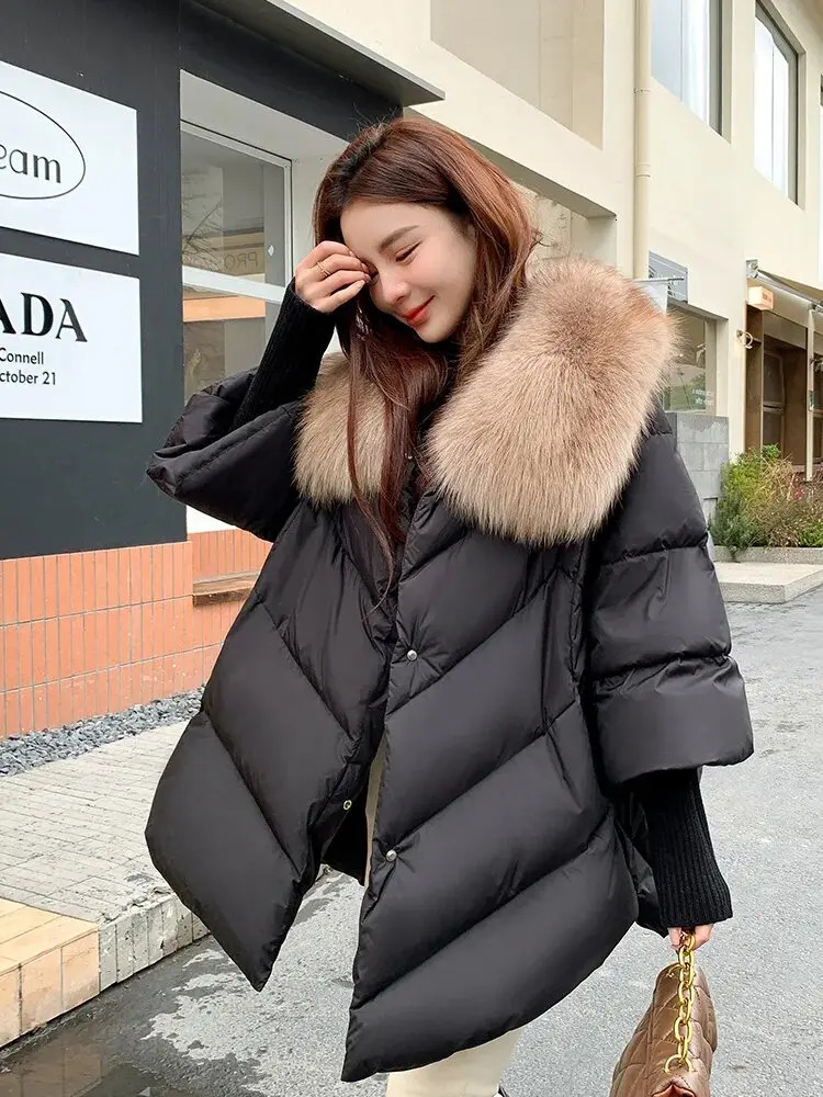 Female Loose Outerwear Fashion Down Jacket Overcoat Women Winter Coat 90 White Duck With Big Woolen Collar 251017