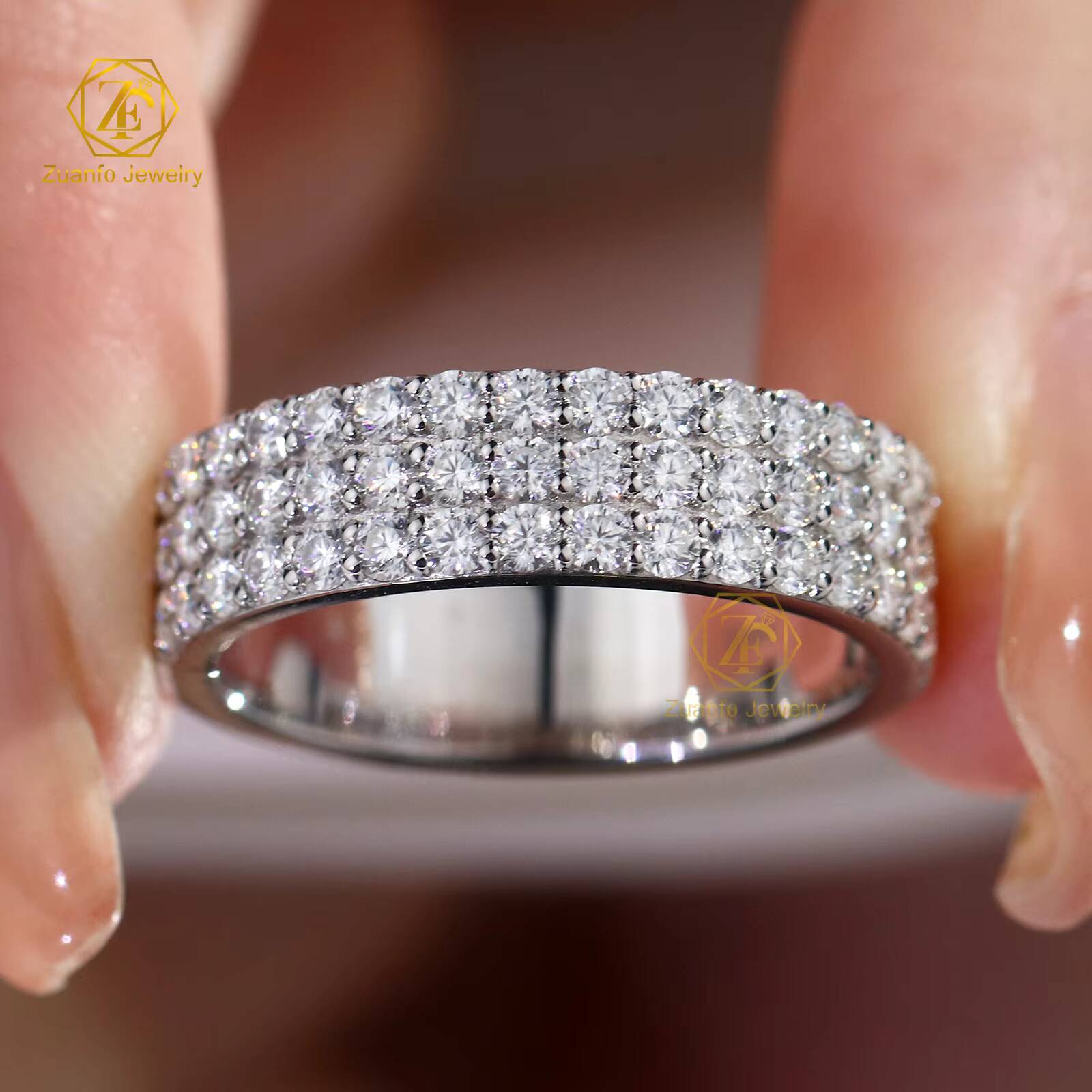Custom VVS Moissanite Gemstone Ring 925 Sterling Silver White Gold 3Rows Moissanite Half Eternity Band Fine Ring