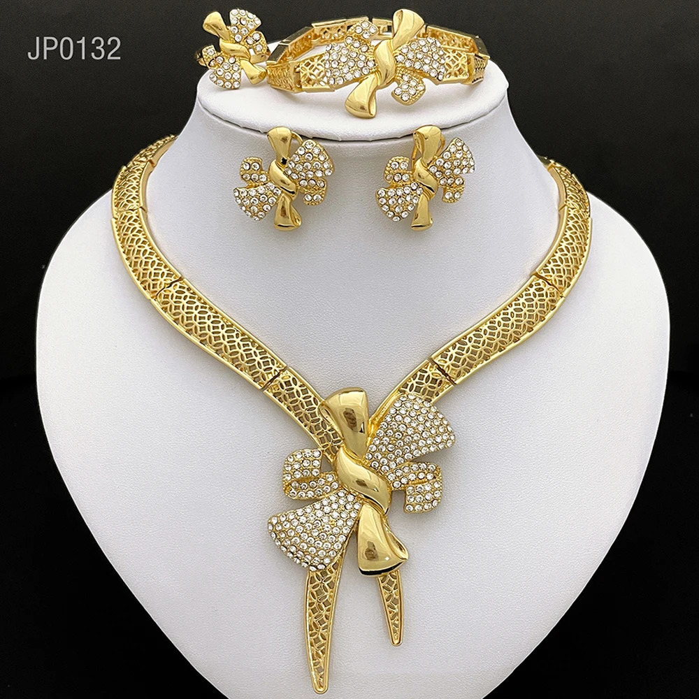 Italy 18k Gold Plated Women Jewelry Set Classic Bowknot Necklace Earring Bracelet And Ring 4PCS Set Jewelry Wedding Party 251016