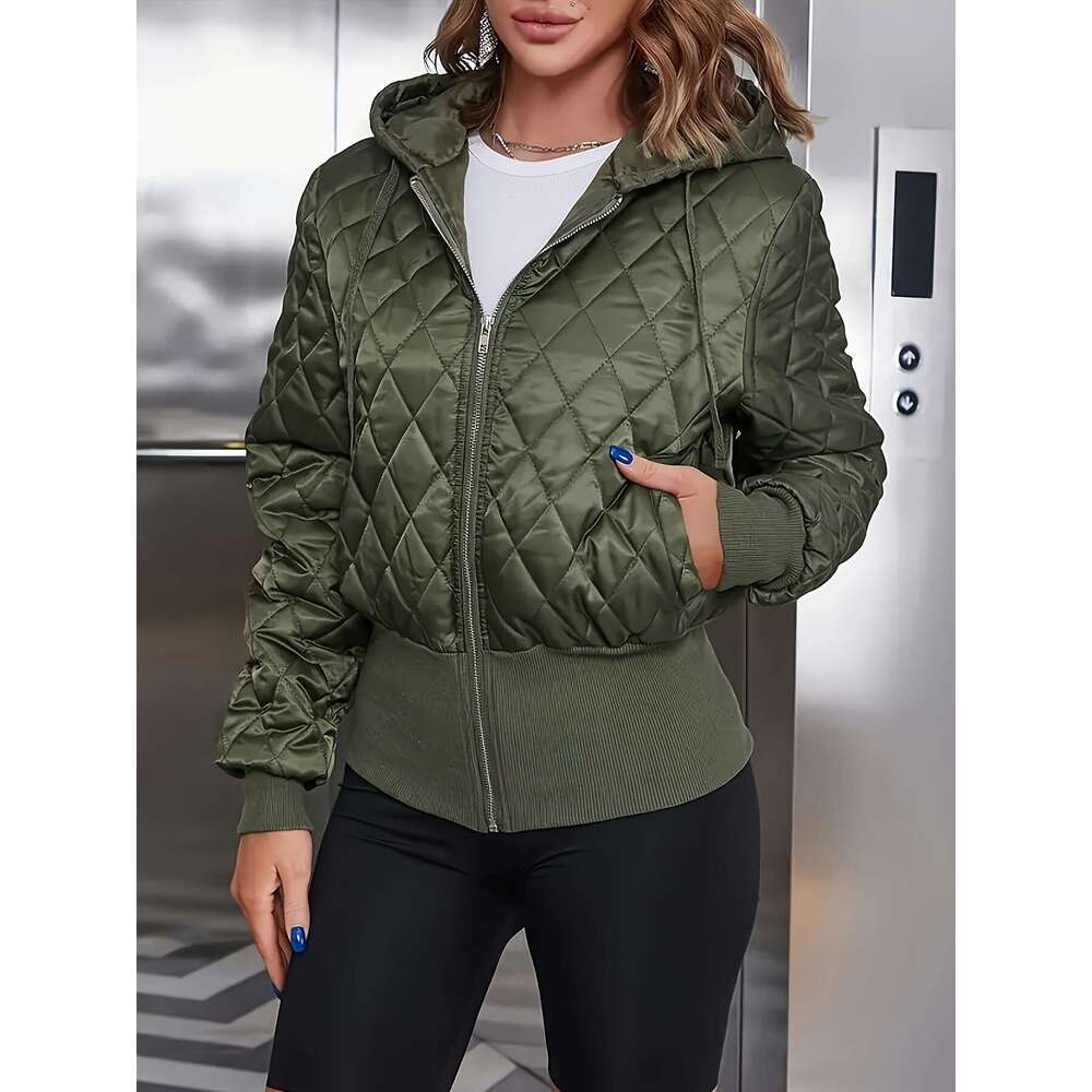 Women's Thick Zip-Up Hooded Jacket Olive Green Full-Zip Front Closure, Non-Stretchy Structured Fit Coat For Casual, Formal, - Hine Washable Outer